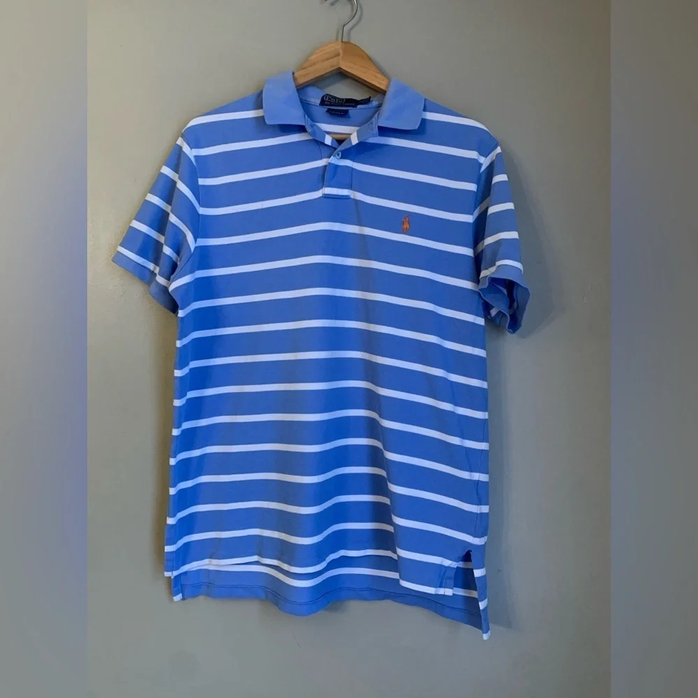 Vintage Polo Ralph Lauren Striped Polo Shirt XL Custom Fit 90’s Blue White